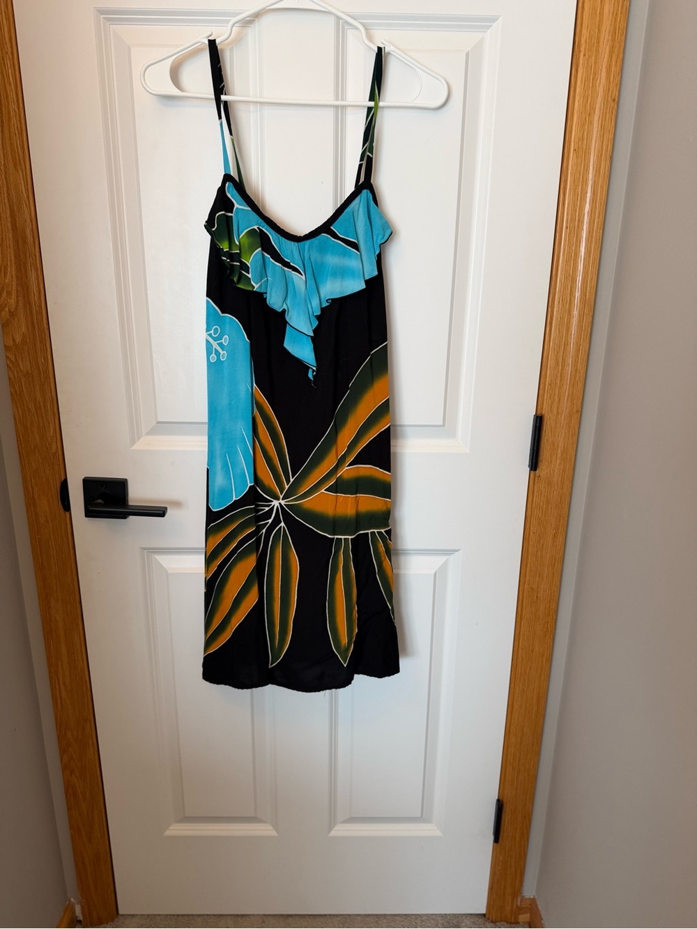 Sleeveless Tropical Print Slip Dress in Teal and Black